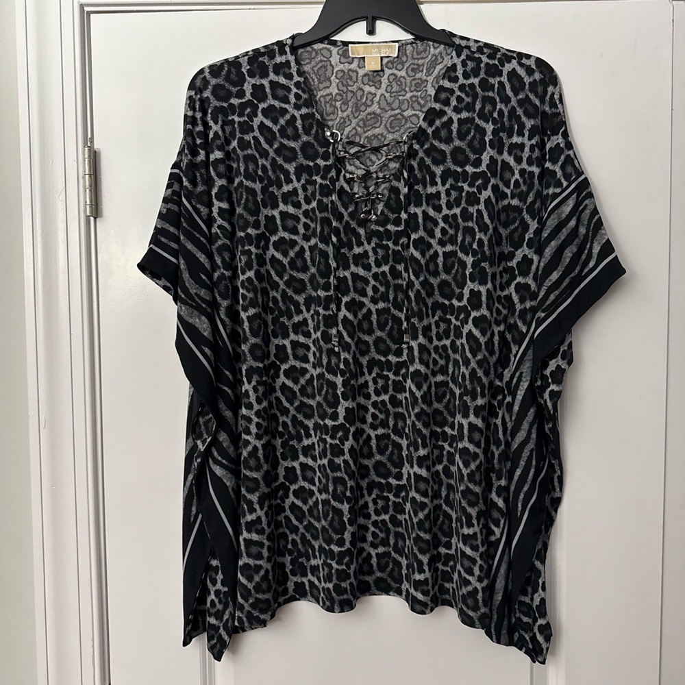 Michael Michael Kors Black & White Leopard Print Kimono Short Sleeve Top NWOT